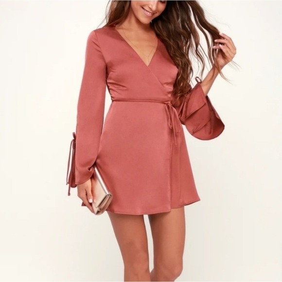 Lulus Dresses & Skirts - Lulus Satin Wrap Mini Dress Bell Sleeve Tie Cuff XS Fairy Wedding Guest Cocktail